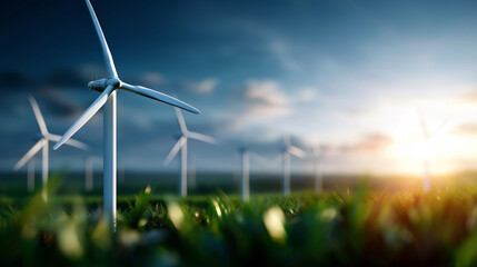 Turbines and photovoltaic panels farm in field defocused sunny landscape background renewable green energy electric generator clean production sustainable power concept with