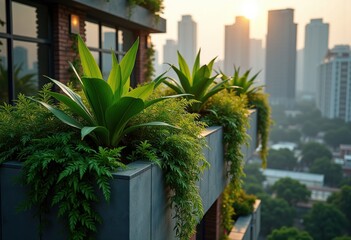 Obraz premium Lush Rooftop Vertical Planting on Modern High-rise Building Urban Retreat