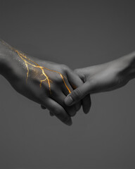 Two hands holding each other, one hand has golden cracks in kintsugi style