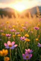 Obraz premium Colorful Wildflower Meadow Bloom Festive Floral Display Across Vibrant Fields