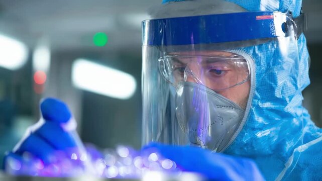 Engineer wearing full protective gear including face shield securing beryllium samples in a sealed container to ensure contamination control.