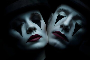Two mimes with pale makeup and dark eye accents pose in a dark environment