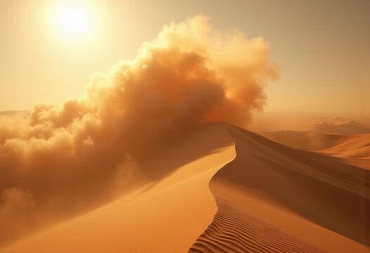 Desert Dust Cloud Swirling Over Dynamic Expansive Dunes Under Intense Sunlight