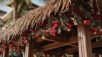 Tropical hut decorated with Christmas garlands and ornaments