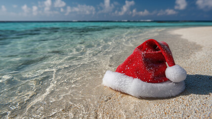 Santa hat on sandy beach by clear tropical sea
