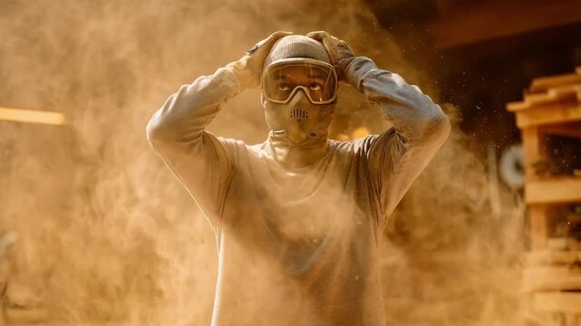 Dynamic medium shot capturing a worker adjusting their gloves and goggles ready for a safe start in a construction or workshop area.