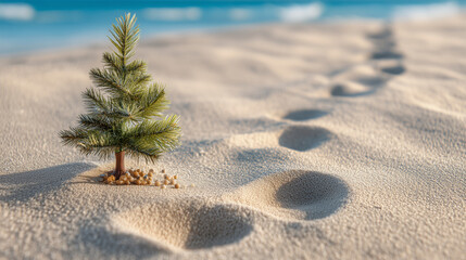 Mini Christmas tree in sand with footprints on tropical beach