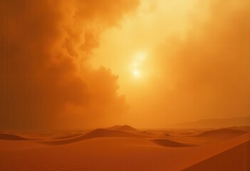 Fototapeta premium Dramatic Sandstorm Dust Cloud Reshaping Vast Desert Plains Under Eerie Orange Horizon