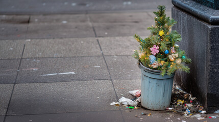 Discarded Christmas tree in trash bin on city sidewalk