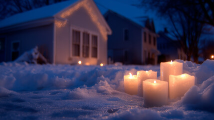 Burning candles in snow at dusk near decorated house