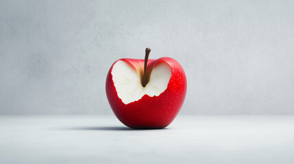 Red apple with bite taken out on gray background representing Newton Day  