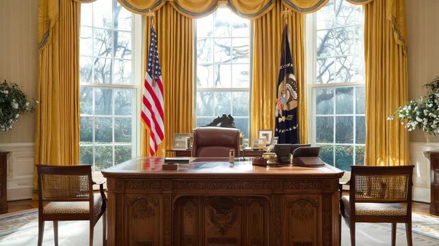 oval office interior presidential desk american flags classic white house workspace washington government room politics usa