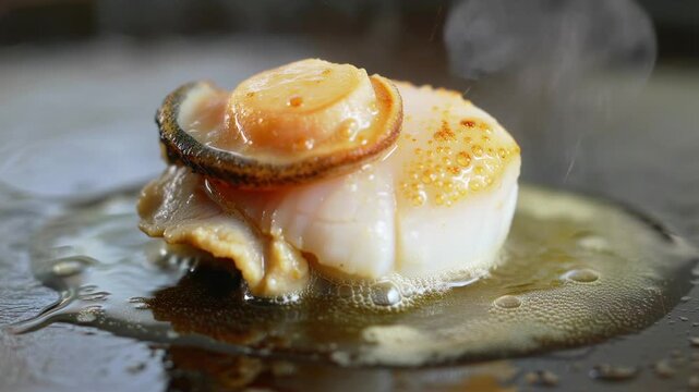 Extreme macro closeup of a scallop searing in bubbling butter, surface turning opaque as tiny caramel spots appear, micro foam gathering around the edges with gentle sizzle and a soft veil of steam.