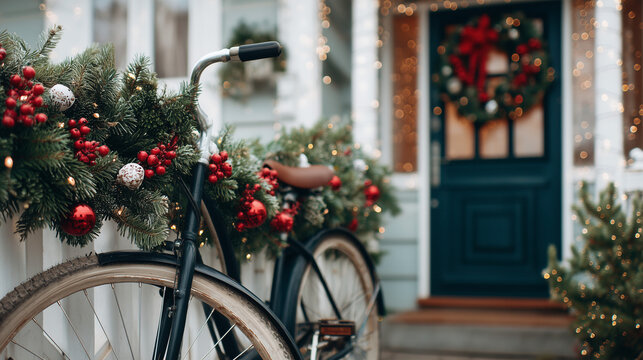 Bicycle on decorated porch with Christmas wreath and garlands - Powered by Adobe