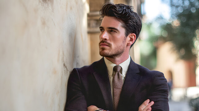 Man in Suit Leaning Against Wall Looking Away male - Powered by Adobe