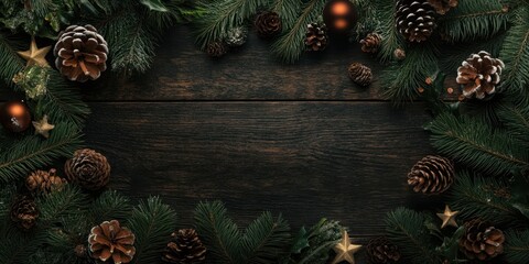 Decorative frame of pine branches christmas decorations background.