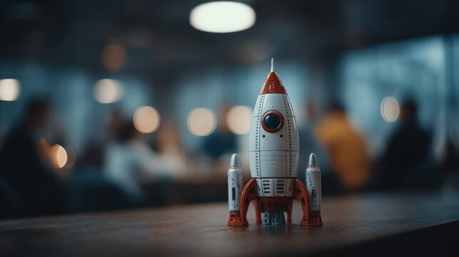 Rocket mock-up displayed on a table during a collaborative brainstorming session with diverse colleagues, illuminated by soft diffused daylight, inspiring innovative ideas and creativity