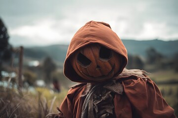 Pumpkin headed scarecrow stands guard in the field with autumn colors