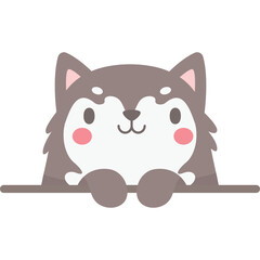 Cute Pixelated Gray Wolf Cub Peeking Over a Gray Border with Pink Cheeks and Dark Eyes on a Transparent Background