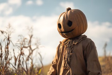 Whimsical pumpkin-headed scarecrow stands guard in the field