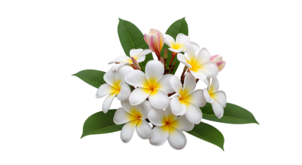 Bunch of white plumeria flowers with yellow centers and green leaves, isolated on white or transparent background. PNG