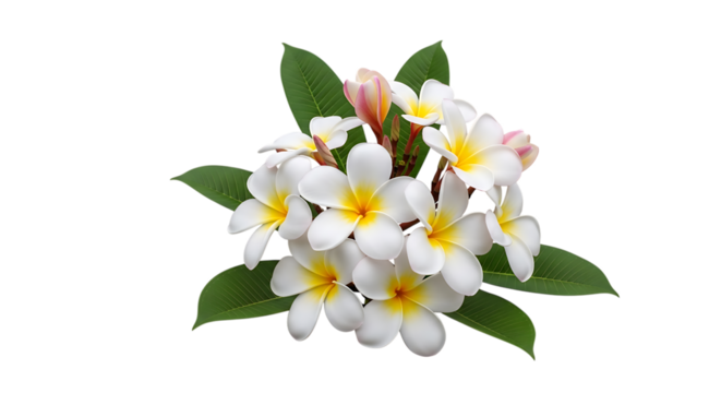 Bunch of white plumeria flowers with yellow centers and green leaves, isolated on white or transparent background. PNG