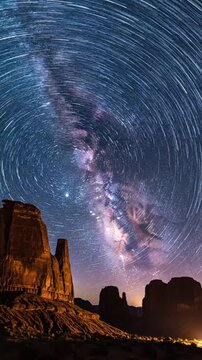 Vertical 9:16 long-exposure star-trail vortex above stone monolith