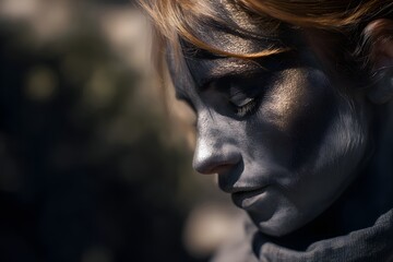 Woman with black and gold paint on face looks down in artistic representation