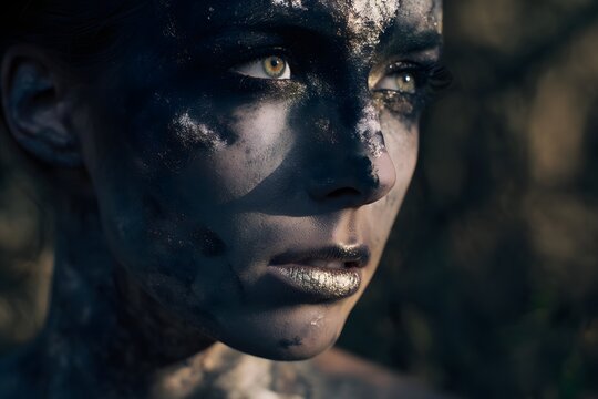 Dramatic close-up of woman's face covered in dark, shimmering paint, exuding an air of mystery