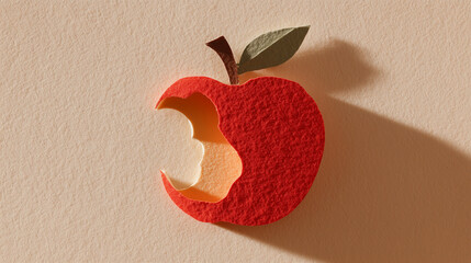 Red paper apple with bite taken out on beige background, concept of Newton Day  