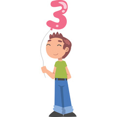 A Young Boy Joyfully Holds A Pink Number Three Balloon On A Transparent Background Celebrating His Third Birthday