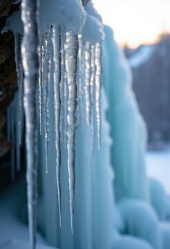 Icicle Clusters Dramatically Hanging from Frozen Waterfall Edge Unique Forms Glimmering in Icy Surroundings