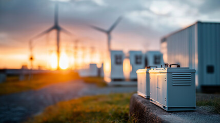 Amount of energy storage systems or battery container units defocused solar turbine farm background power facility infrastructure renewable generation support with copy space