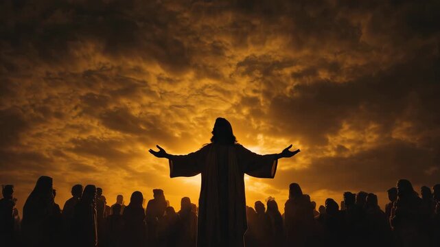A saintly silhouette speaks to gathered people at sunset with golden light breaking through clouds in a sacred moment