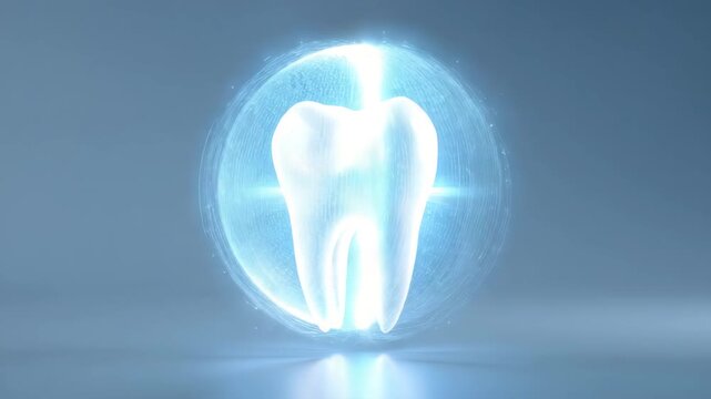 Clean tooth surrounded by bright blue halo representing enamel strength hygiene and modern dental technology