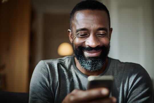 Man smiling while using his smartphone indoors during the day