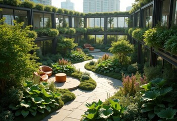 Obraz premium Vibrant Green Roof Garden Urban Oasis Lush Flora Sustainable Ecology Sky Garden Nature Balance