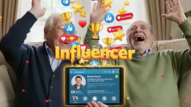 Older men engaged in thoughtful discussion about likes and relationships, surrounded by tablets with social media icons and hearts, conceptually representing intergenerational understanding and.