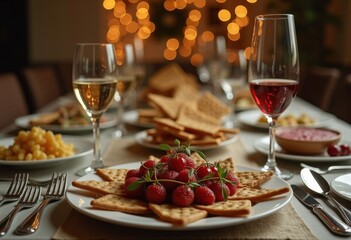 Reserved Table Set for Passover Seder featuring Matzah, Shank Bone, Bitter Herb and Charoset