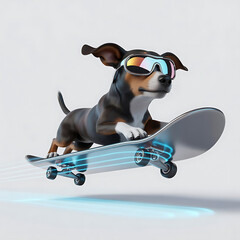  3D dog with sunglasses and futuristic flying skateboard, white background.png. generative ai
