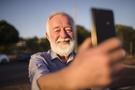 Smiling senior man taking a selfie with a smartphone outside during golden hour