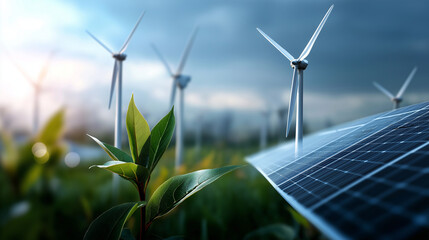 Serene landscape showcasing photovoltaic panels and turbines defocused environmental background sustainable energy solutions conservation symbolism renewable initiatives
