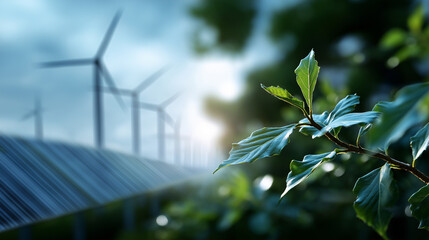 Serene landscape showcasing photovoltaic panels and turbines defocused environmental background sustainable energy solutions conservation symbolism renewable initiatives
