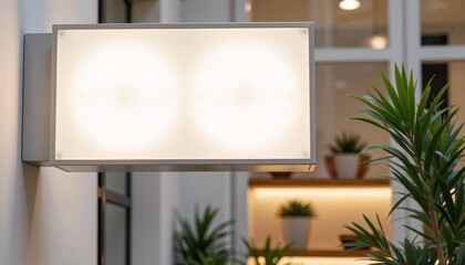 Illuminated wall sign mockup on exterior storefront with modern window and greenery, clean branding display for caf&eacute;, boutique or studio