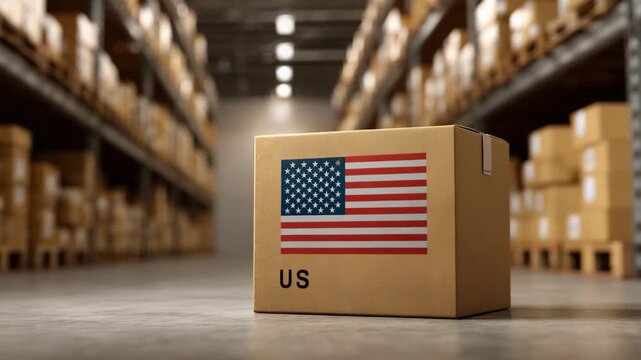 Shipping box labeled US with American flag placed on warehouse floor surrounded by storage racks and parcels