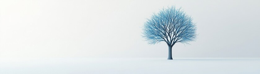 Blue Tree on Minimal White Background, Serene, Winter , Minimalism