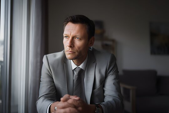 Thoughtful businessman in suit gazing out window with hands clasped together - Powered by Adobe