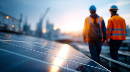 Engineering setup photovoltaic cells on large industrial facility roof faceless technicians flying over defocused factory background roofs generating renewable energy