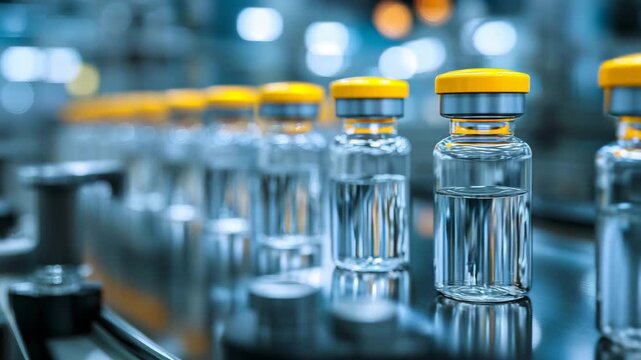 Medical vials with yellow caps on production line sterile pharmaceutical bottles vaccine medicine manufacturing process laboratory environment