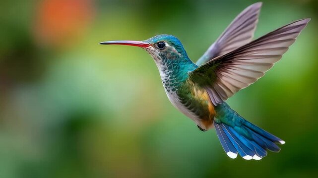 Colorful hummingbird in slow motion flight showing detailed wing movement against green backdrop